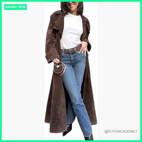 Jackets & Blazers - Faux Suede Long Trench Coat Notched Lapel Double Breasted Pea Coat with Belt
